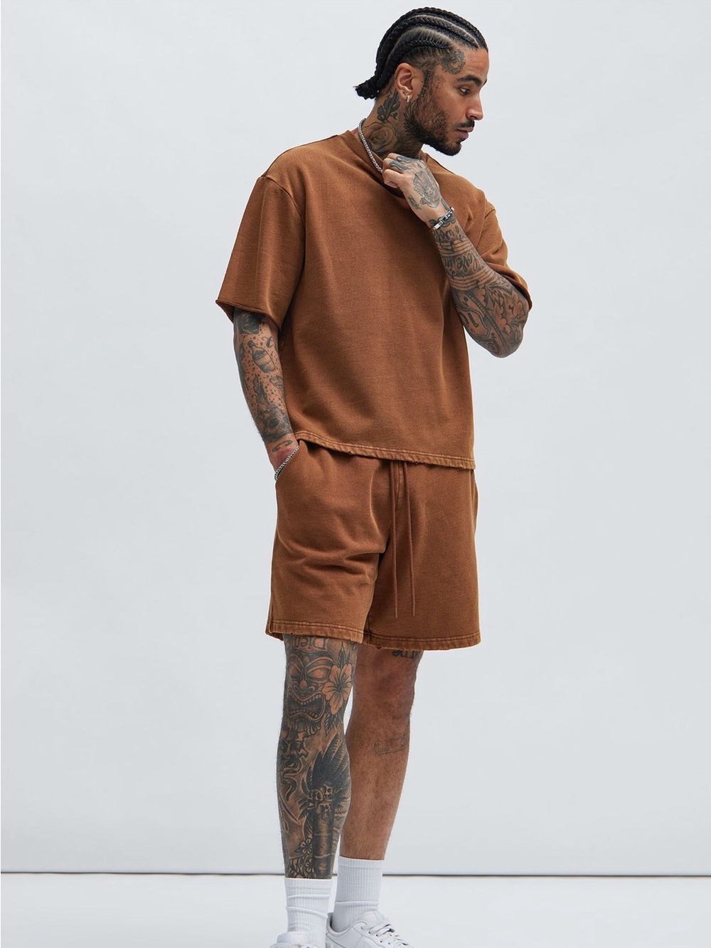 Nova Men Washed Tee and Shorts Set - Dark Brown